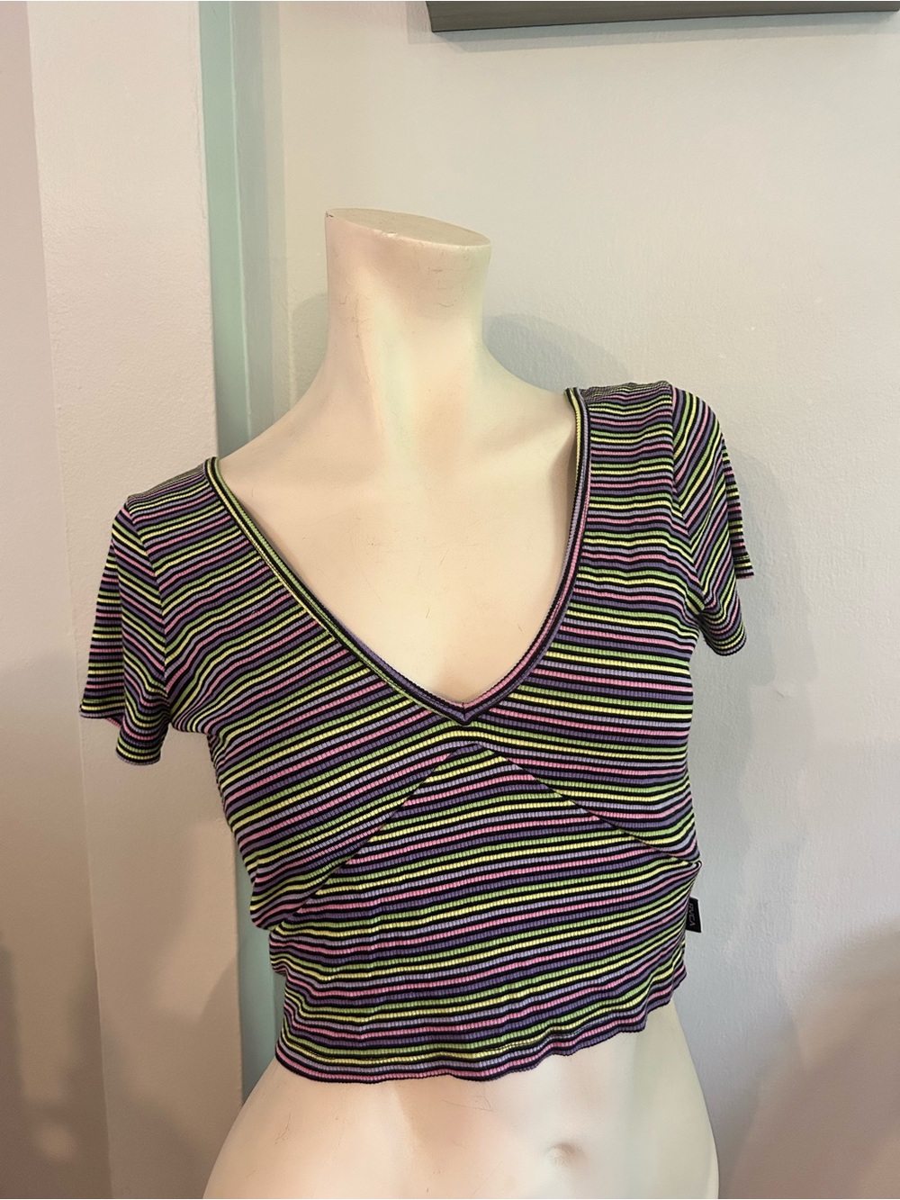 RVCA Striped V-Neck Cropped Tee - Purple, Green, Black